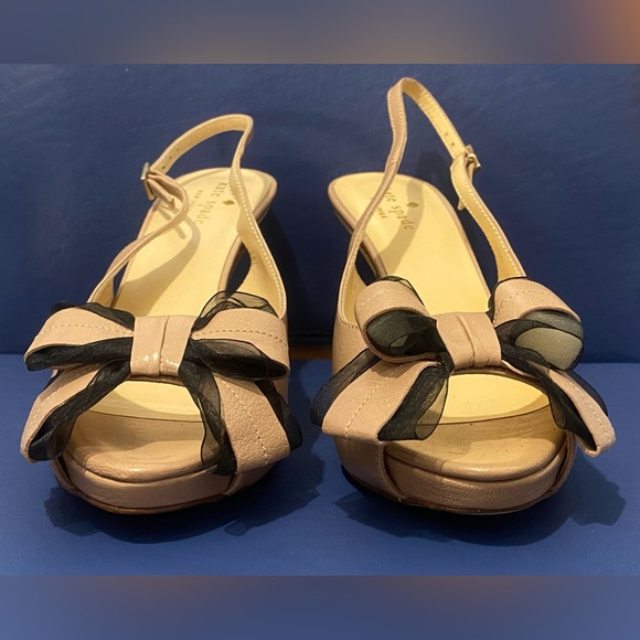 New Kate Spade New York Billow bow sling back beige heeled peep toe sandals - Picture 2 of 14